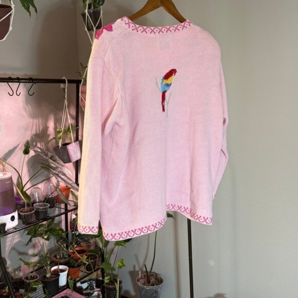 Embroidered Floral Parrot‎ Cardigan Pink Button Up Sweater Quirky Women - Picture 3 of 9